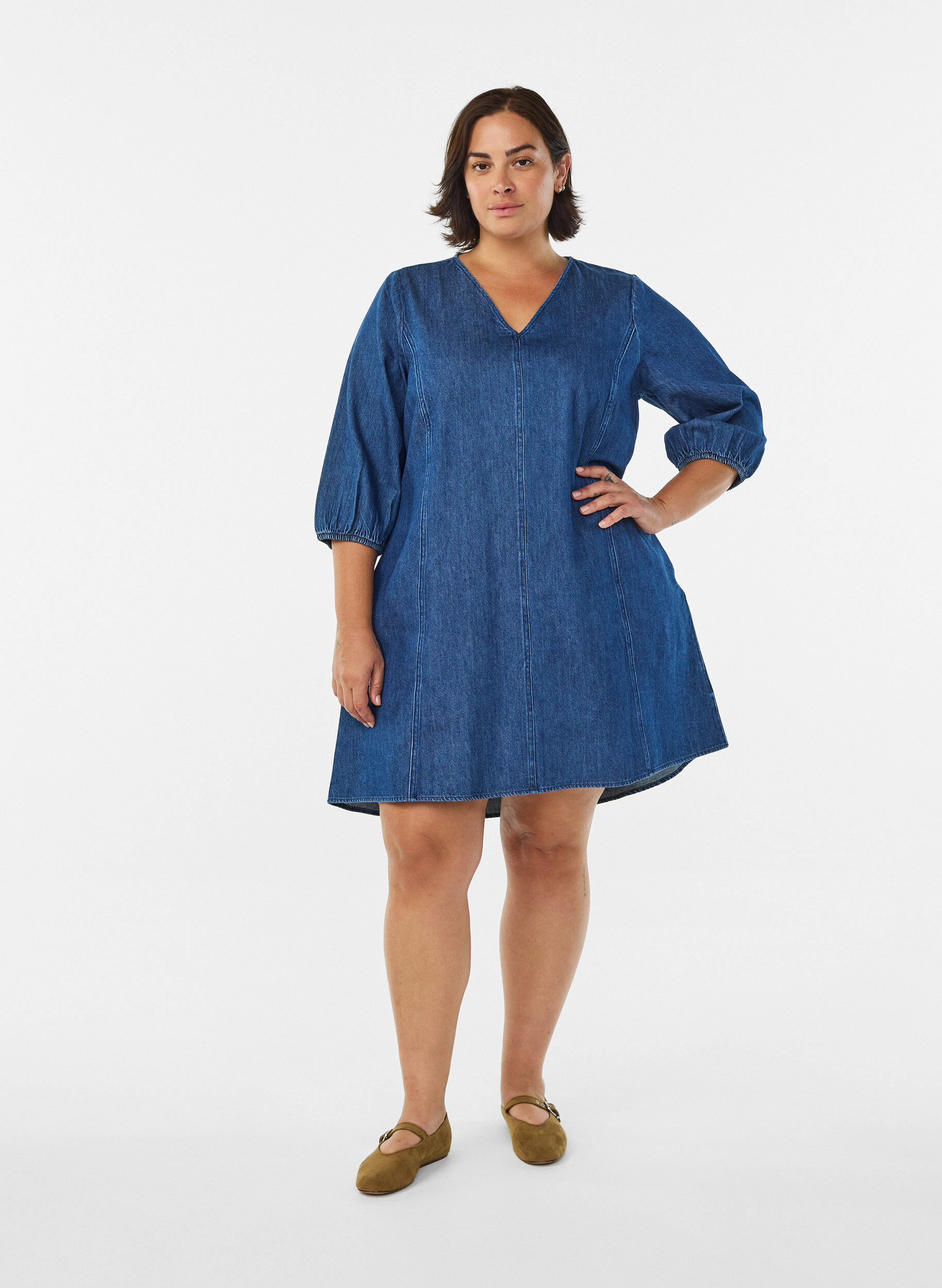 ZizziKort denimkjole med 3/4-lange ermer, Bl&aring;, Model image number 1