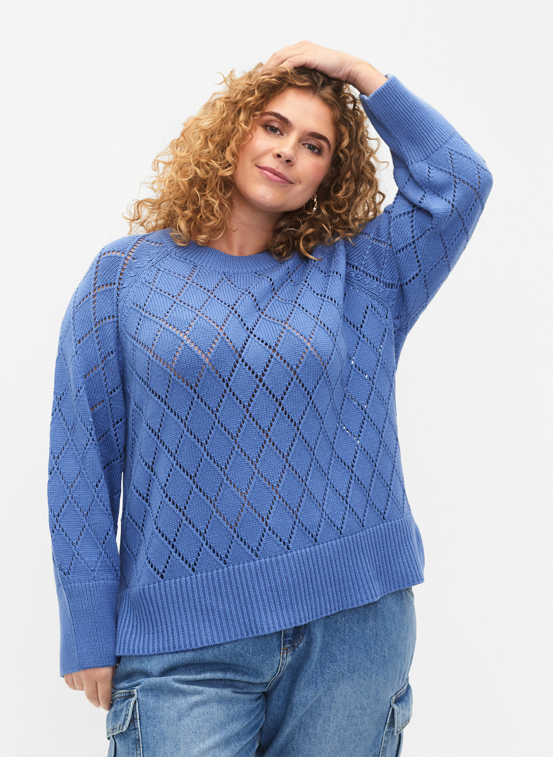 ZizziLangermet strikket bluse med hullm&oslash;nster, Blue Bonnet, Model image number 0