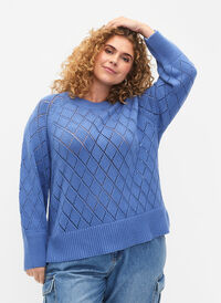 Langermet strikket bluse med hullmønster, Blue Bonnet, Model