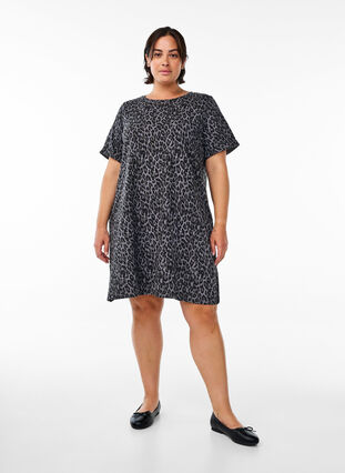 Zizzi Kort T-skjortekjole i bomullsjersey, Grå, Model image number 1