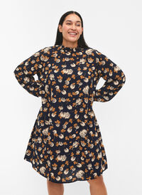 FLASH – Langermet kjole med blomstertrykk, Navy Brown Flower, Model