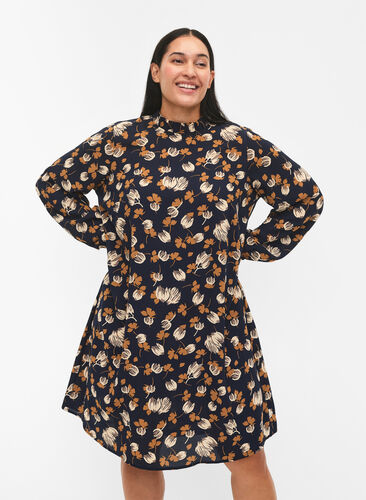 FLASH – Langermet kjole med blomstertrykk, Navy Brown Flower, Model image number 0