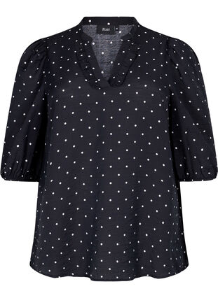 Prikkete bluse med 3/4 ermer i viskosemateriale, Black Dot, Packshot image number 0