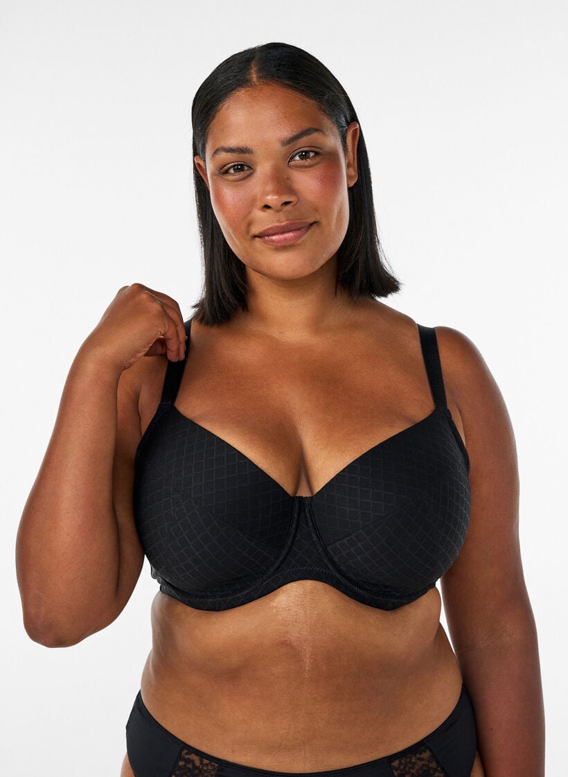 Polstret mikrofiber-BH med rutete m&oslash;nster, Svart, Model image number 0