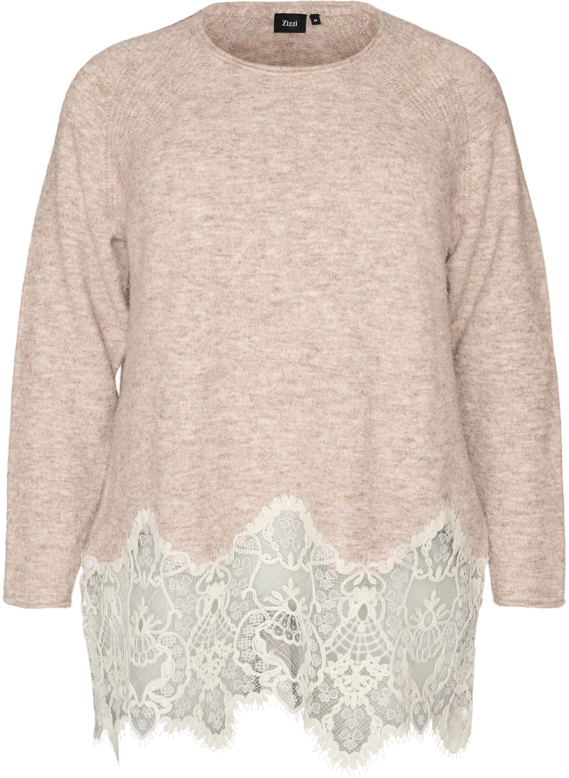 Strikkebluse med raglanermer og en bred blondedetalj