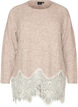 Strikkebluse med raglanermer og en bred blondedetalj, Beige, Packshot image number 0