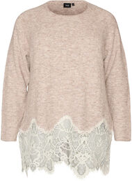 Strikkebluse med raglanermer og en bred blondedetalj, Beige