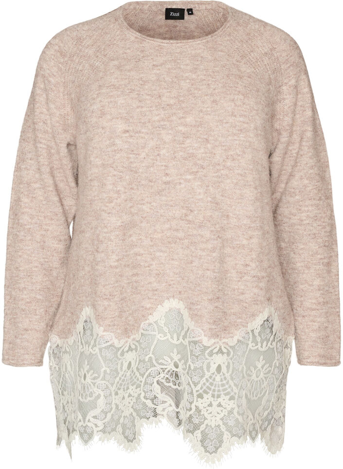 Strikkebluse med raglanermer og en bred blondedetalj, Beige, Packshot image number 0
