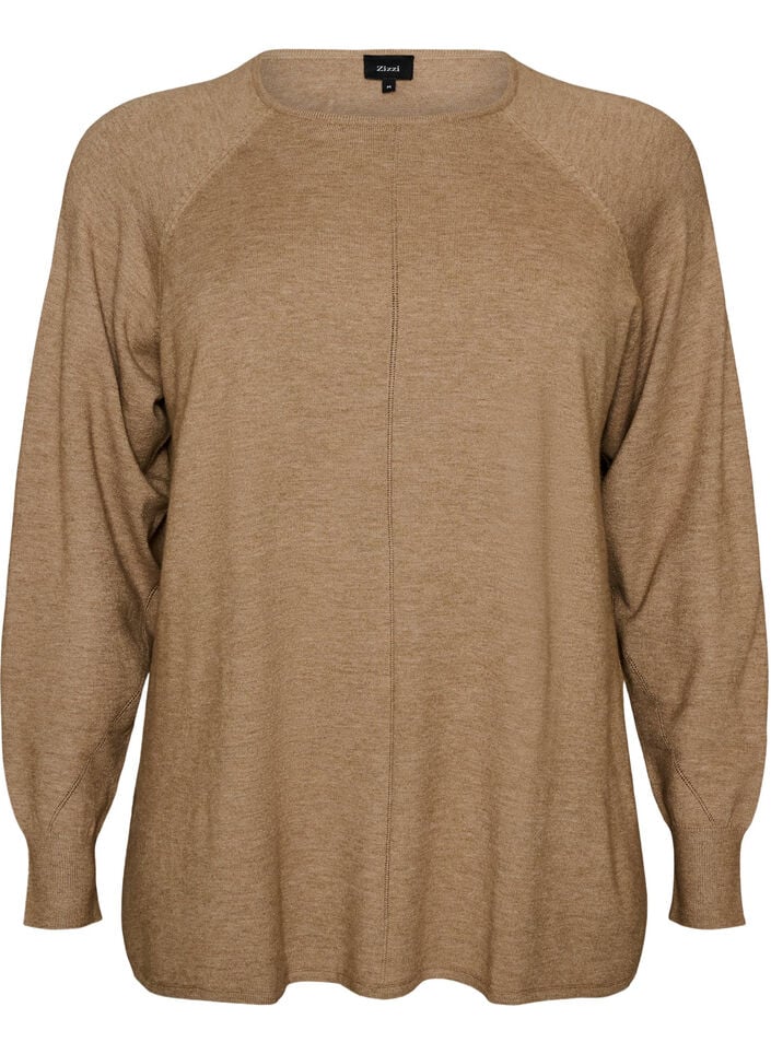 Strikket bluse med rund hals og strikket m&oslash;nster, Beige, Packshot image number 0