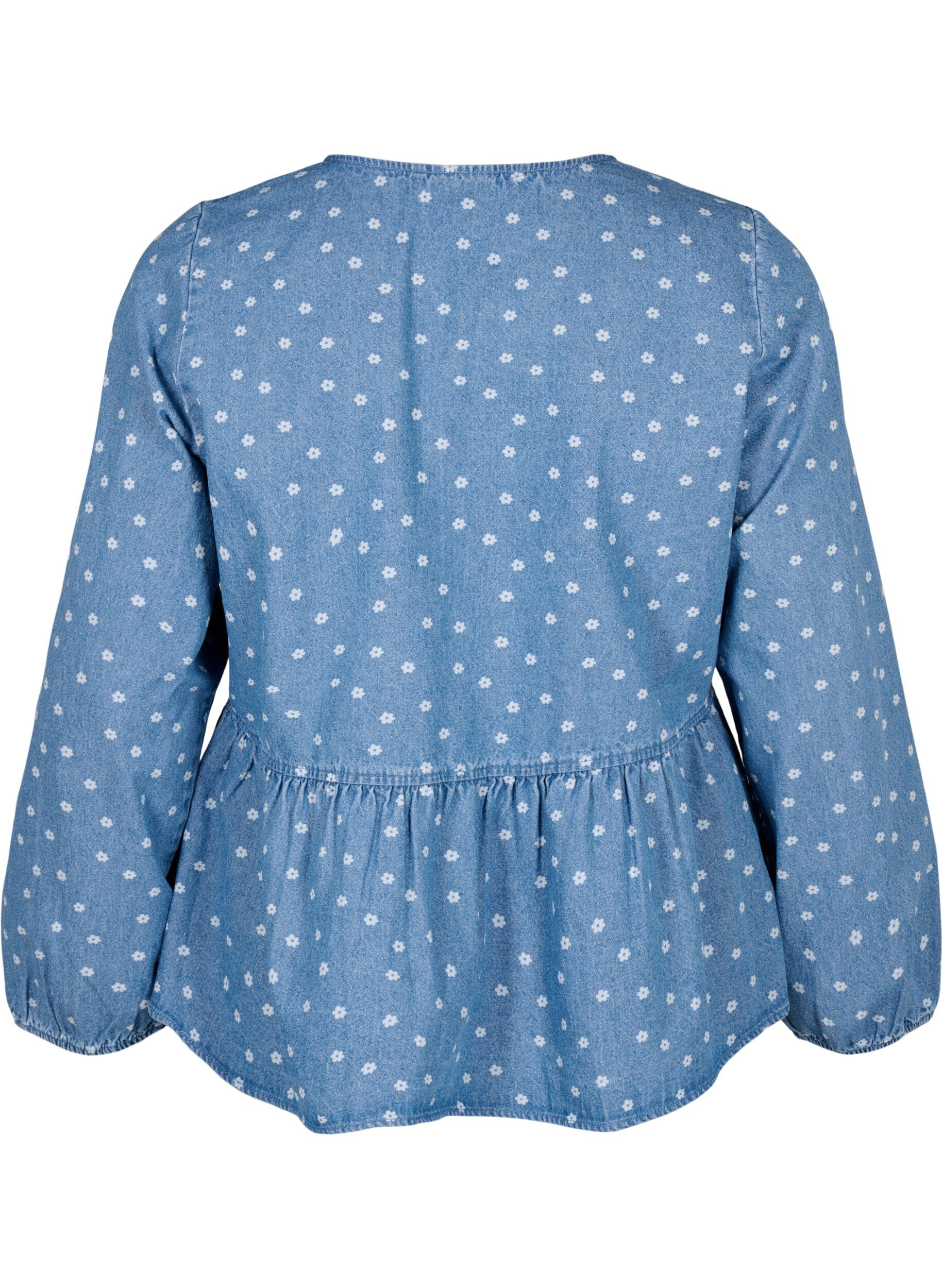 Zizzi Peplumbluse i denim med knyting, Light Blue w.Flowers, Packshot image number 1