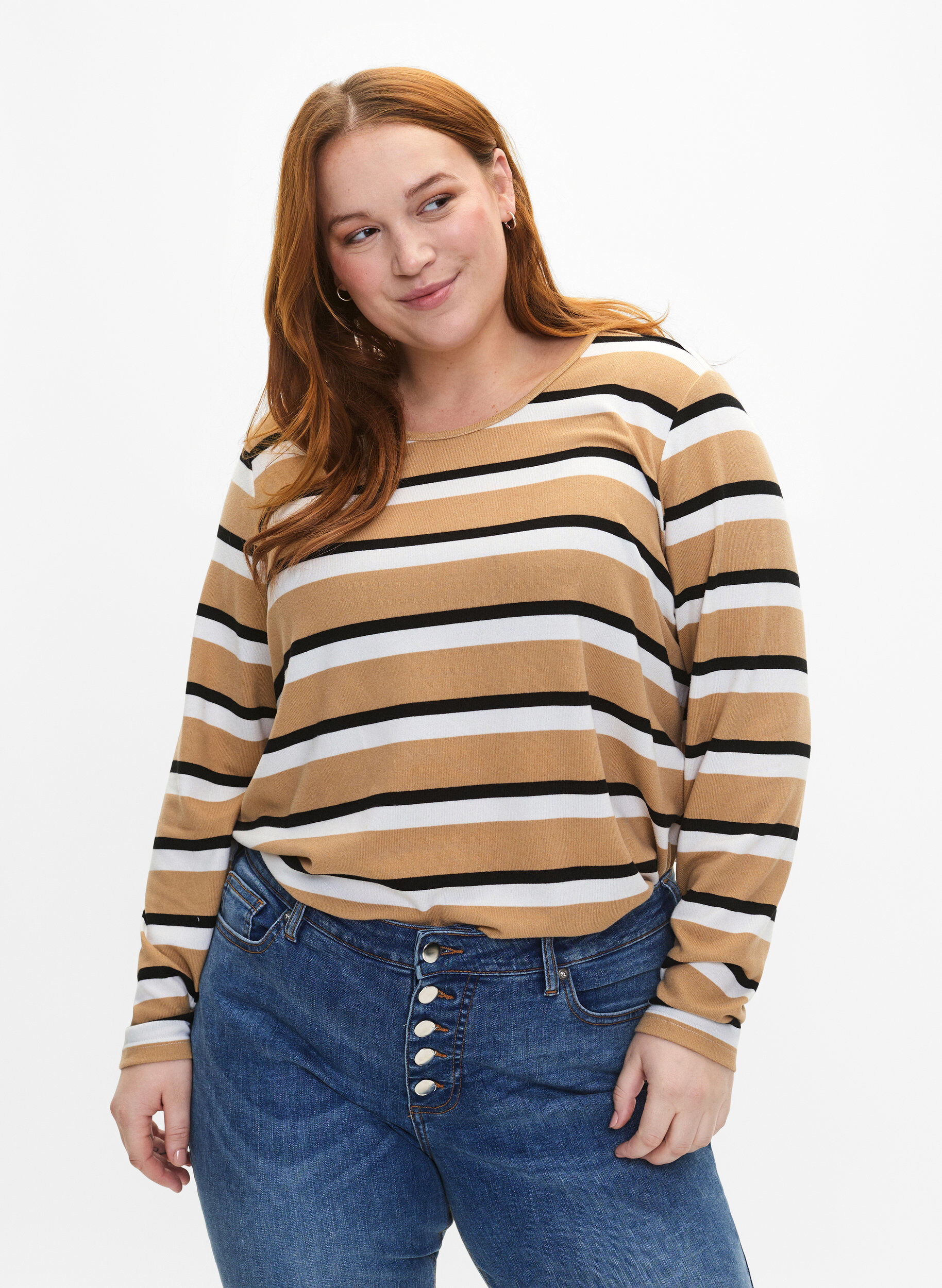ZizziStripete bluse med lange ermer, Svart, Model image number 0