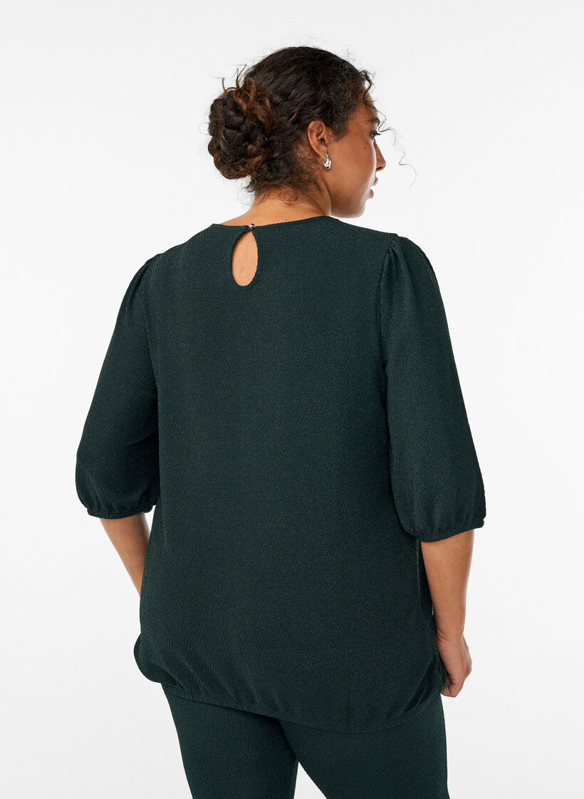 Bluse med glittermønster og 3/4 ermer, Grønn, Model image number 2
