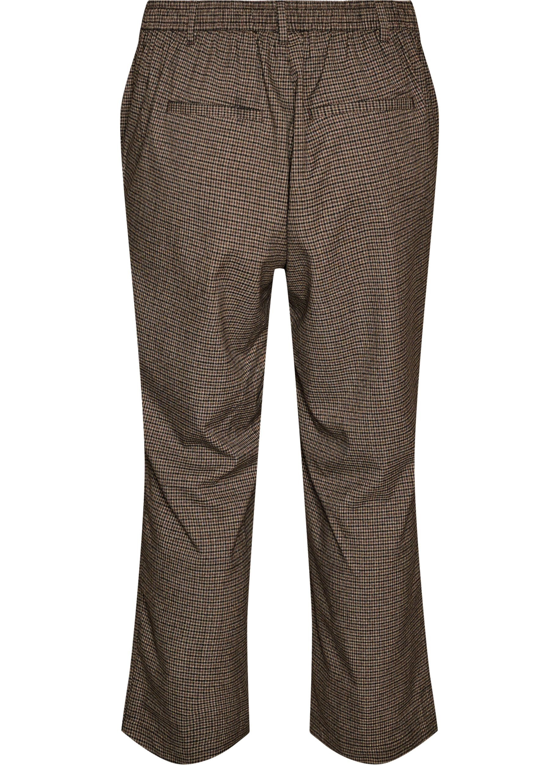 ZizziBukse med sm&aring;t rutem&oslash;nster og straight fit ben, Brun, Packshot image number 1