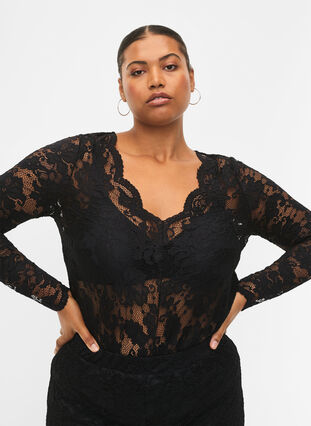 Langarmet bluse med blondekant og V-hals, Black, Model image number 2