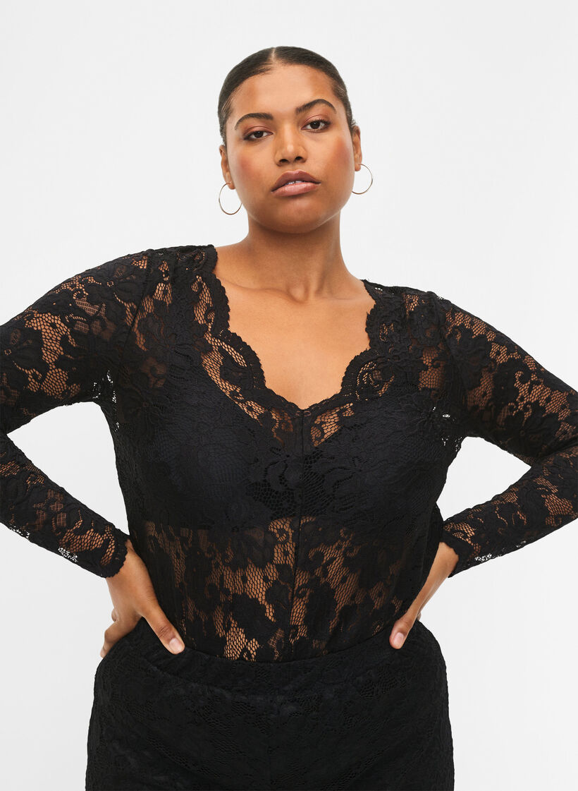 Langermet bluse med blondekant og V-hals, Black, Model image number 2