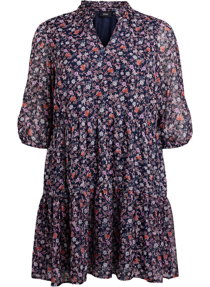 Tunika med blomstermønster og glittertråder, Navy Flower AOP, Packshot