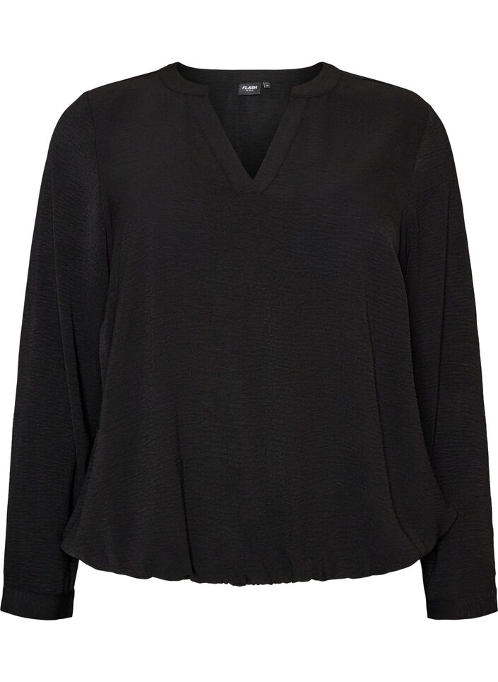 Bluse med ballongsilhuett og V-hals, Svart, Packshot image number 0