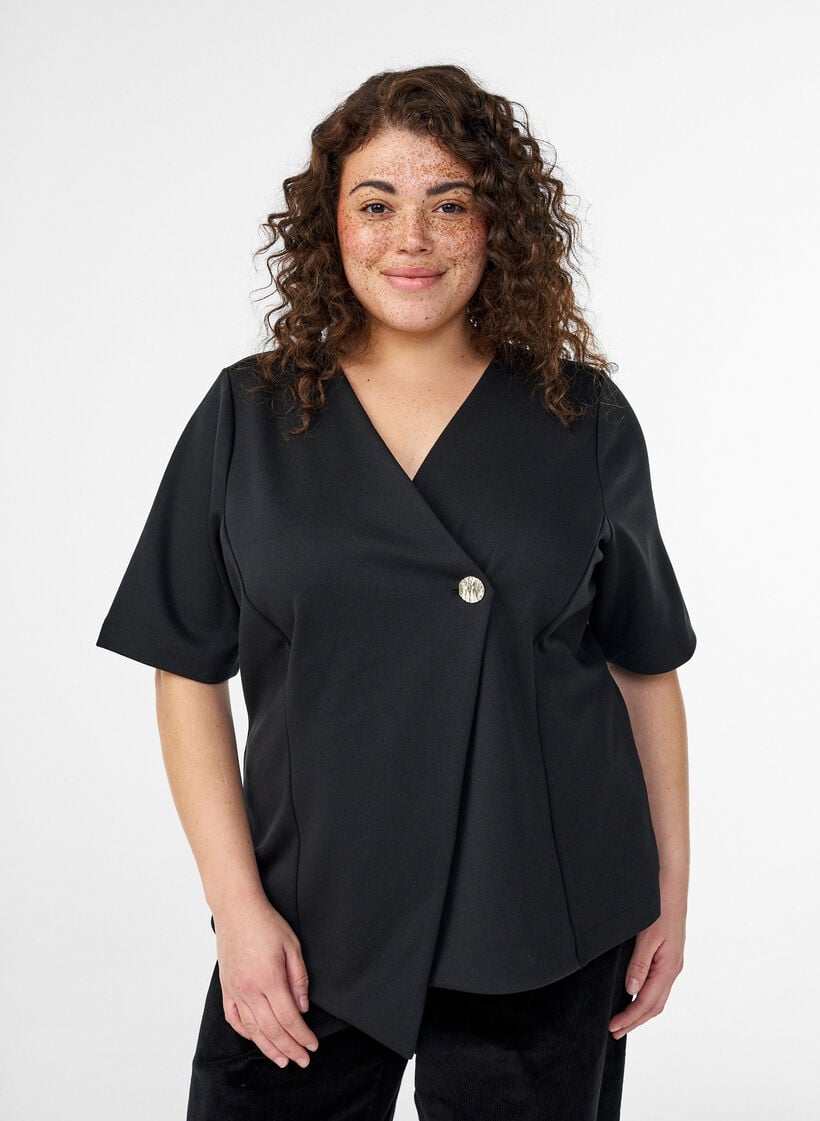 Bluse med asymmetrisk omslagseffekt og korte ermer, Svart, Model image number 0