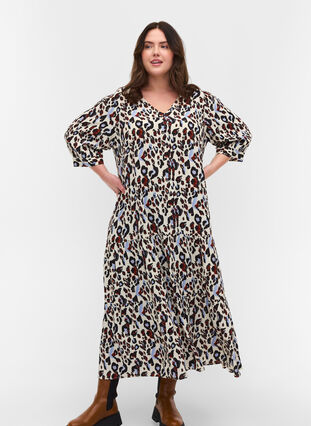 Mønstrete kjole med V-hals og 3/4-ermer, White Leo Print, Model image number 0