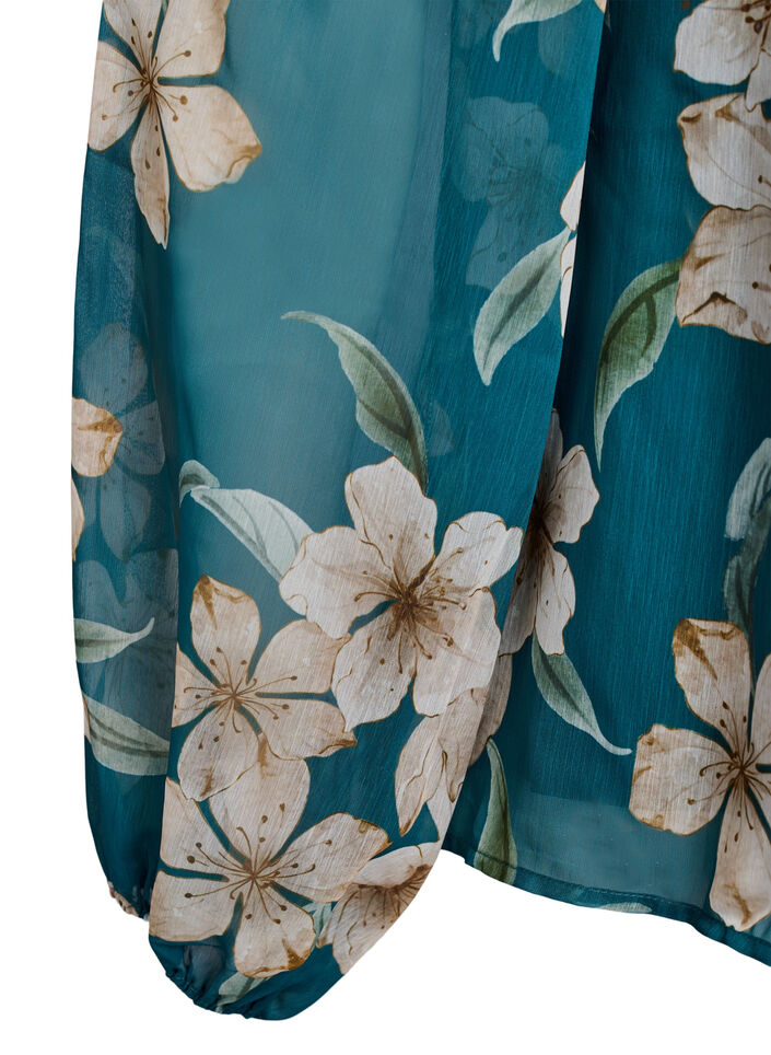 Chiffonbluse med blomstertrykk og lange ermer, Grønn, Packshot image number 3