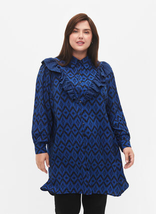 Lang viskoseskjorte med trykk og rysjer, True blue w. Black, Model image number 0