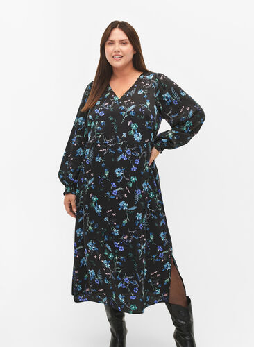 Midikjole med lange ermer og blomstertrykk, Blue Flower AOP, Model image number 2