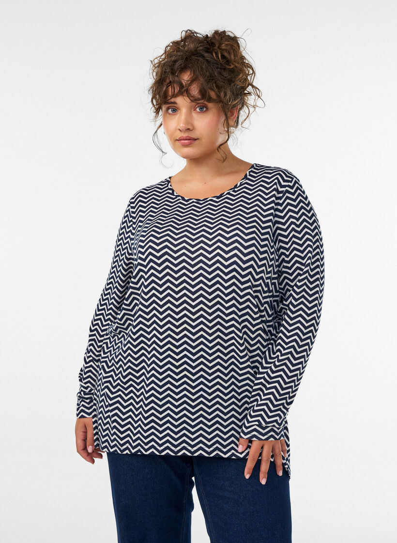M&oslash;nstret bluse med lange ermer, Bl&aring;, Model image number 0