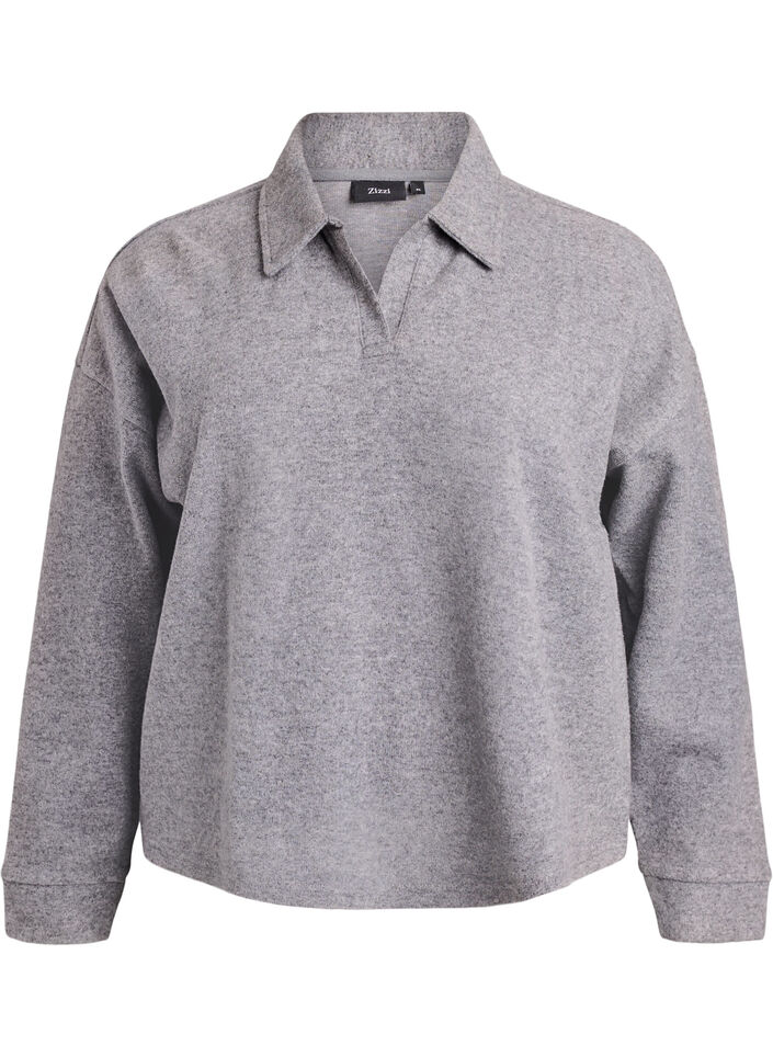 Jersey bluse med krage og V-hals, Grå, Packshot image number 0