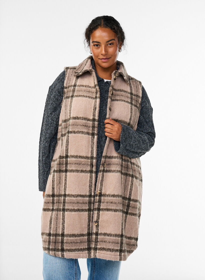 Lang rutete vest i børstet kvalitet, Beige, Model image number 0