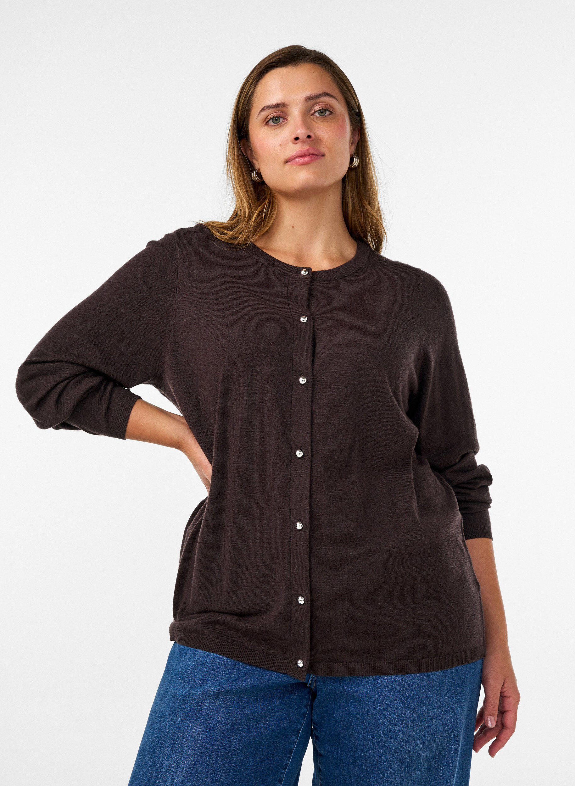 ZizziCardigan med runde knapper, Brun, Model image number 0