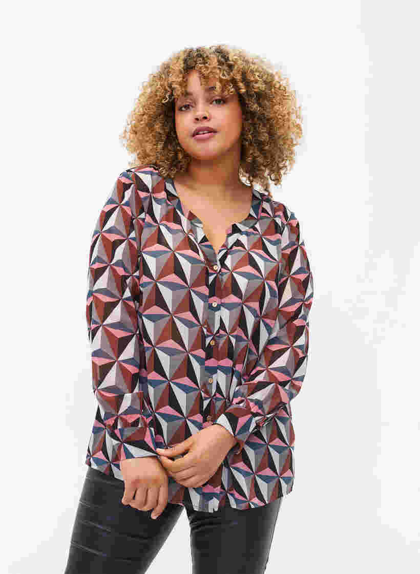 Skjorte med V-hals og mønster, Graphic Pink, Model