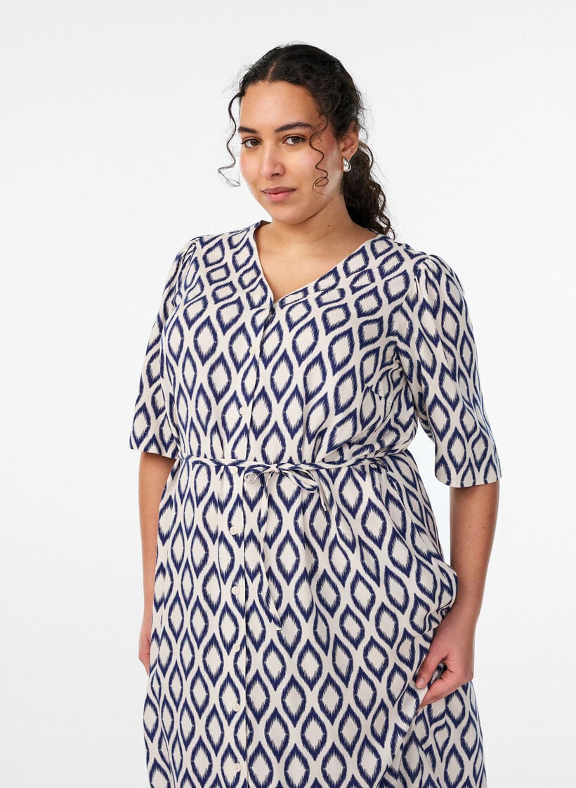 Midikjole med trykk og knytebelte, Vanilje, Model image number 2