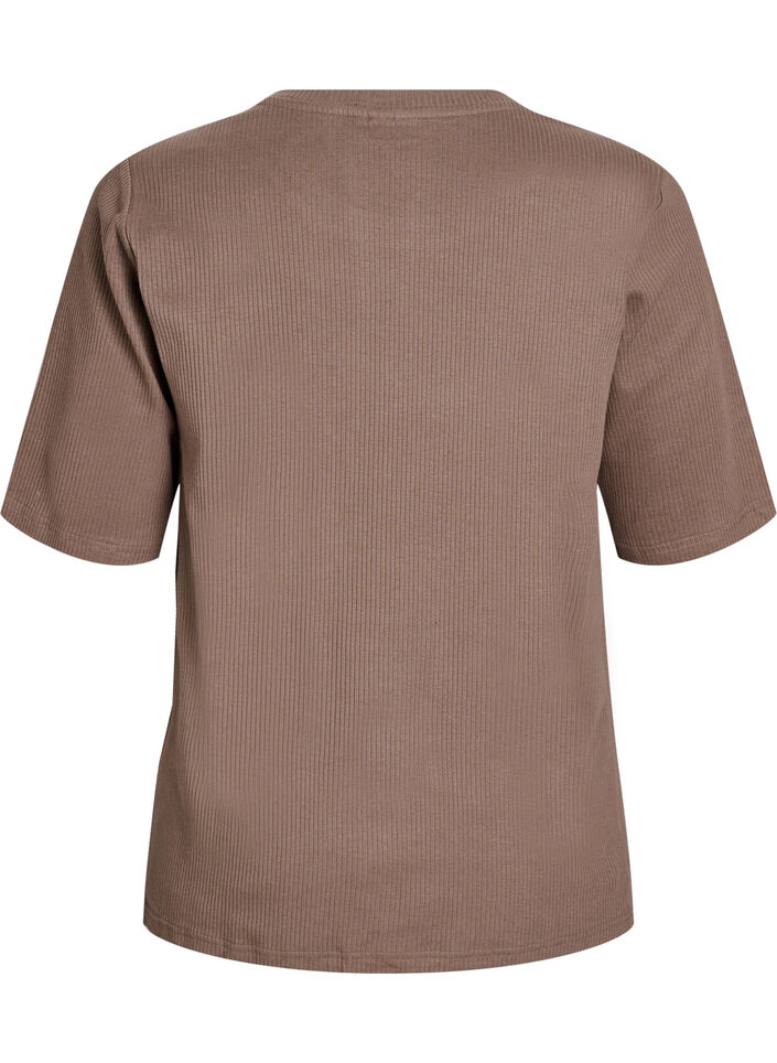 Ribbestrikket jerseybluse med korte ermer, Brun, Packshot image number 1