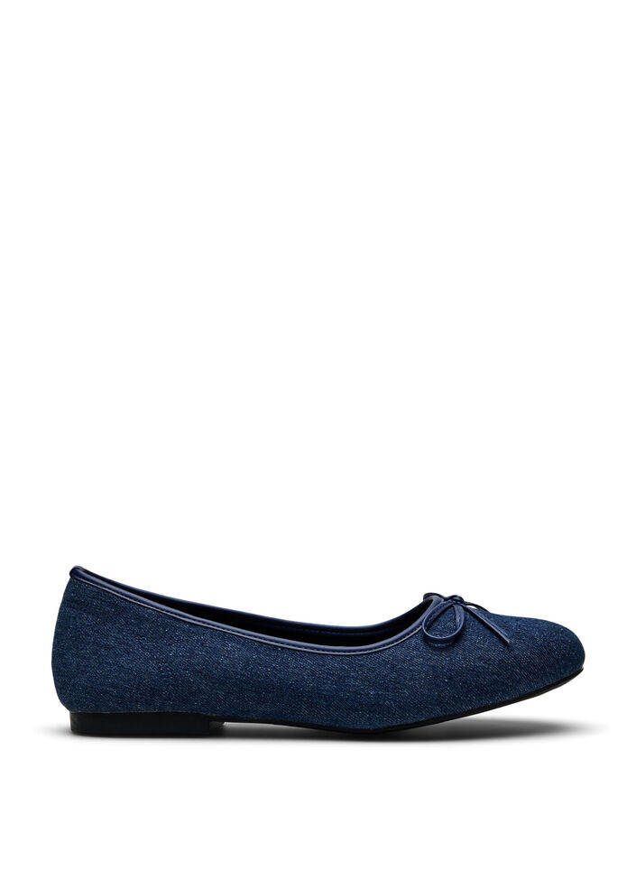 Wide fit - Denim ballerina med sløyfe, Dark Blue Denim, Packshot