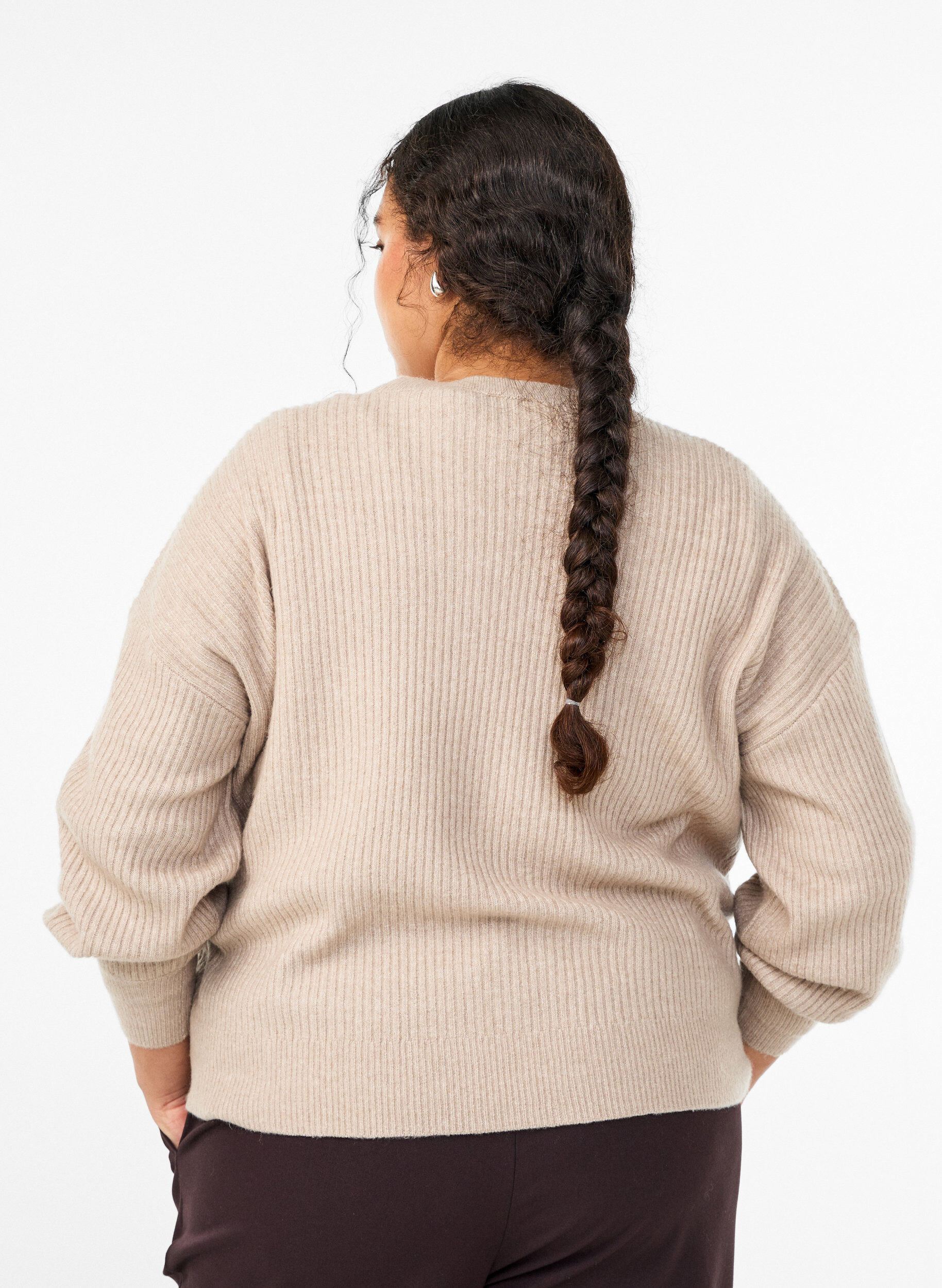 ZizziRibbestrikket cardigan med knapper, Beige, Model image number 2