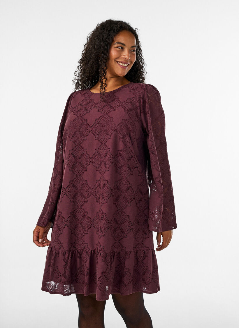 Blondekjole med lange ermer og rysjekant, M&oslash;rk Bordeaux, Model image number 0