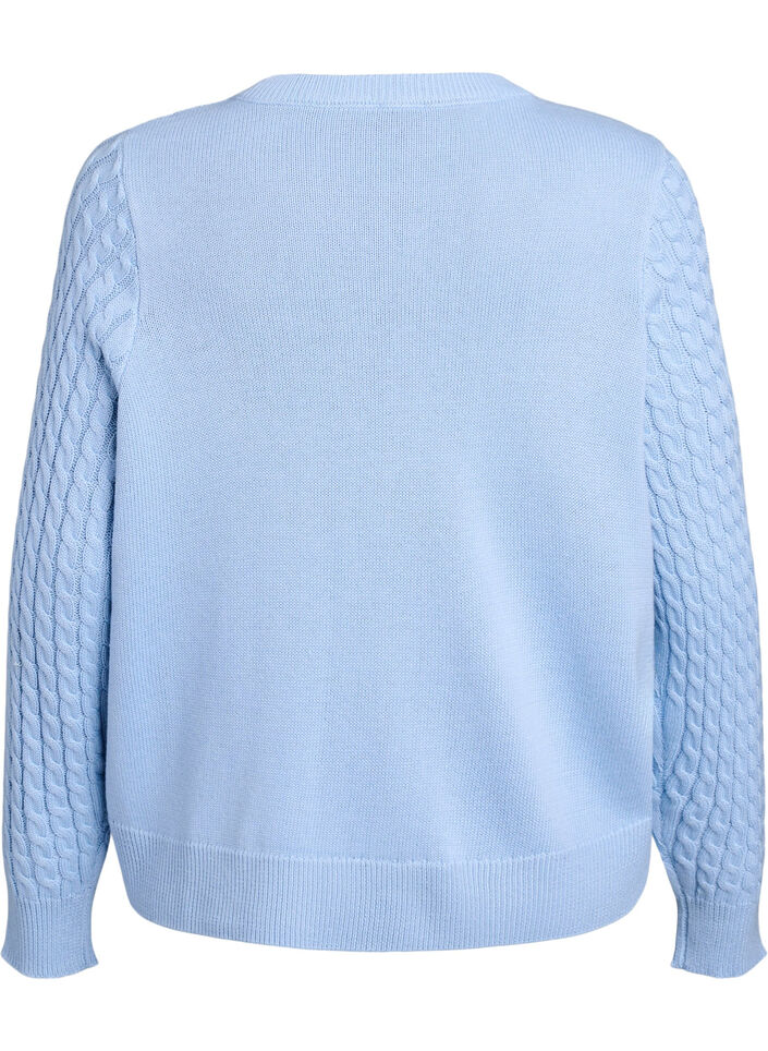 Flettestrikket cardigan med gullfargede knapper, Blå, Packshot image number 1