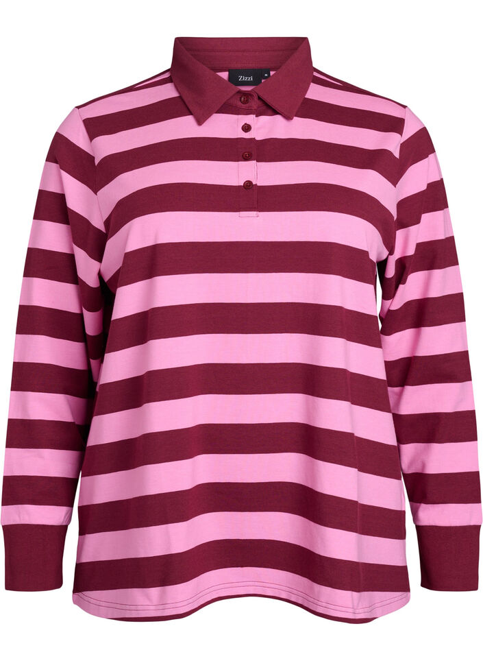 Langermet poloskjorte med striper, Mørk Bordeaux, Packshot image number 0