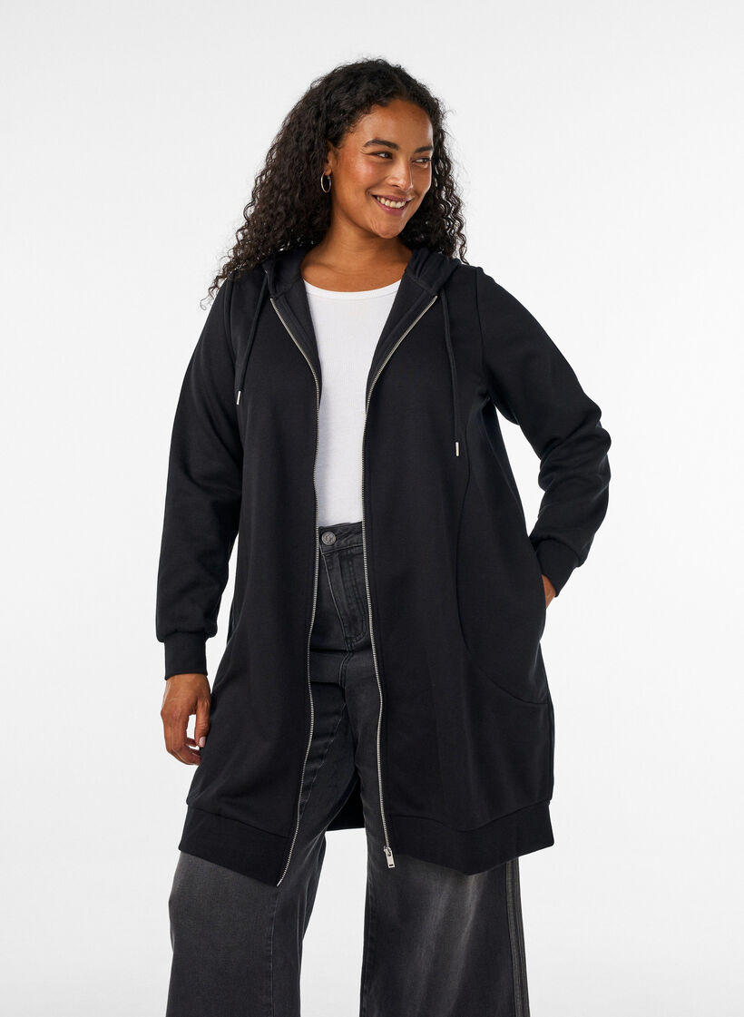 Lang hettegenser med glidel&aring;s og lommer, Svart, Model image number 0