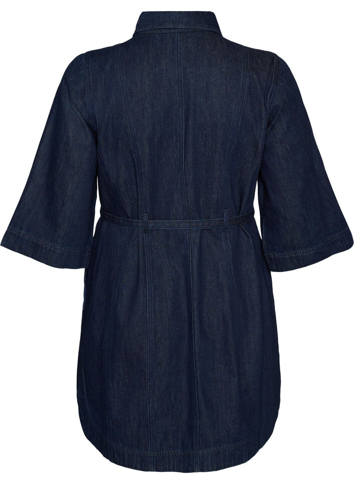 Denimkjole med belte og 3/4-ermer, Bl&aring;, Packshot image number 1