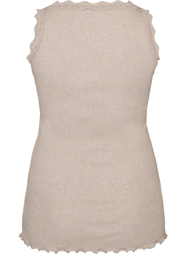 Ribbet topp med blondedetalj, Beige, Packshot image number 1