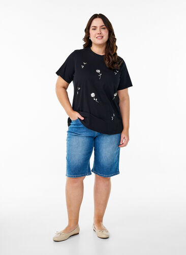 Zizzi T-skjorte med paljettblomster, Svart, Model image number 1