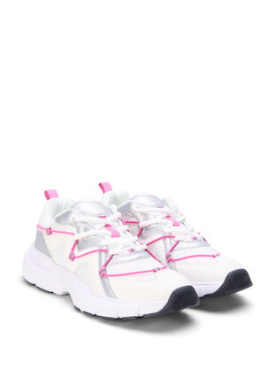 Sneakers med bred passform og kontrastfarget knyting, White w. Pink, Packshot image number 1