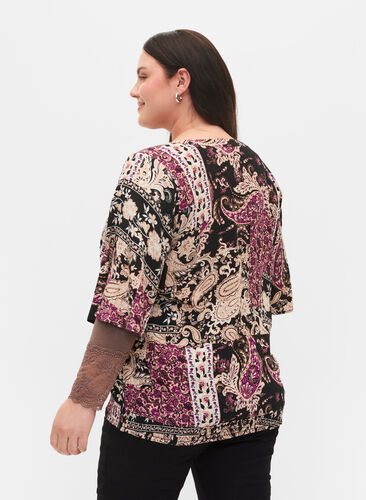 Bluse i viskose med paisleymønster og smock, Black Patchwork AOP, Model image number 1