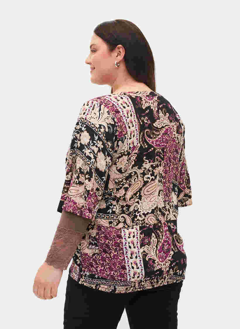 Bluse i viskose med paisleymønster og smock, Black Patchwork AOP, Model image number 1