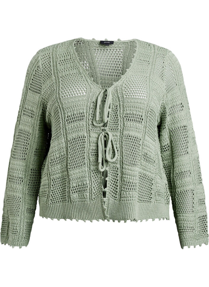 Strikket cardigan med knytebånd og et åpent mønster, Grønn, Packshot image number 0