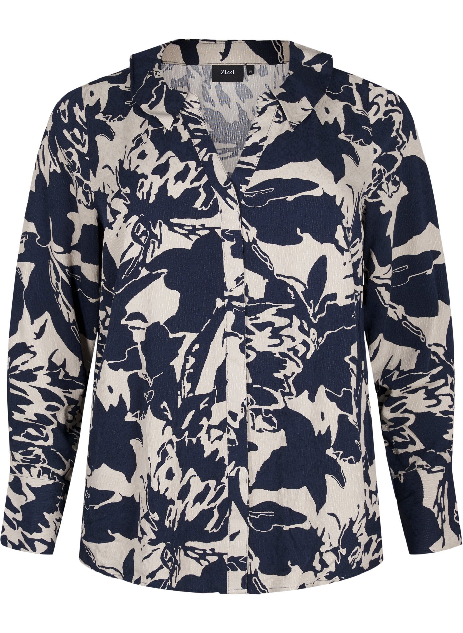 Zizzi Langermet skjorte med trykk og V-hals, Navy Blazer AOP, Packshot image number 0