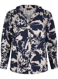 Langermet skjorte med trykk og V-hals, Navy Blazer AOP