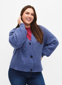 Melange cardigan i ribbestrikk, Gray Blue Mel., Model