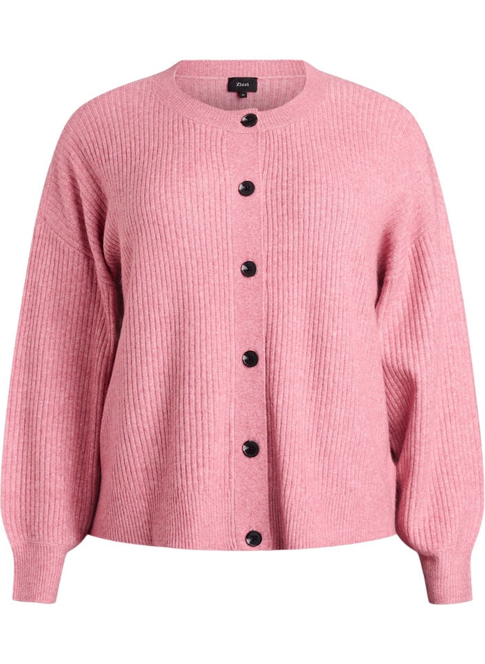 Ribbestrikket cardigan med knapper, Rosa, Packshot image number 0